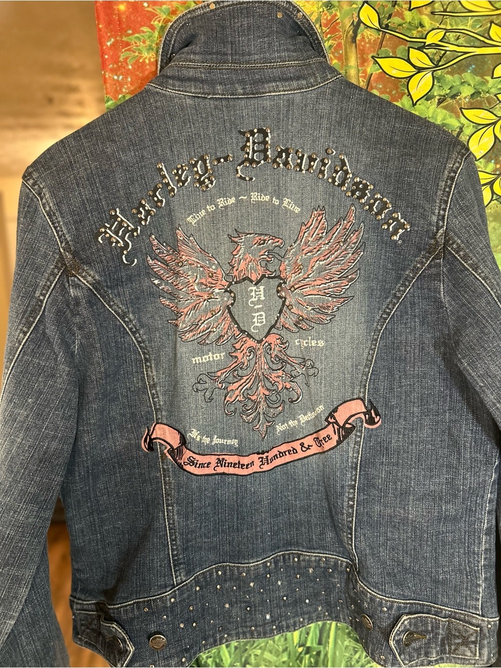 Harley-Davidson Blue Embroidered Eagle Studded Denim Jacket - Picture 3 of 9